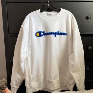 White and blue champion crew neck/ sweatshirt